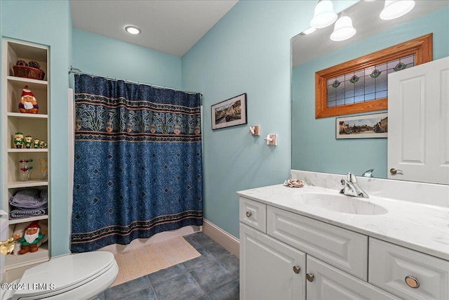 bathroom with vanity, a shower with shower curtain, tile patterned floors, and toilet