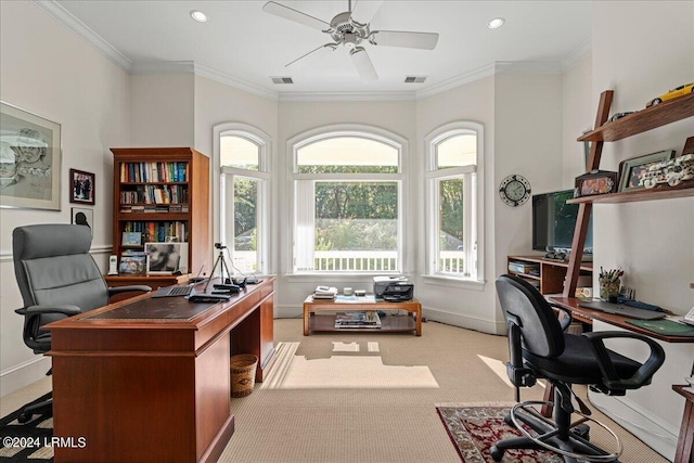 office space featuring ornamental molding, light colored carpet, and ceiling fan