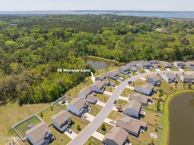 68 Keowee Ln, Beaufort, SC 29906 - aerial view featuring a water view, a residential view, and a forest view