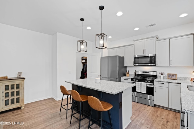 68 Keowee Ln, Beaufort, SC 29906 - kitchen with a kitchen breakfast bar, a center island, visible vents, stainless steel appliances, and light wood finished floors