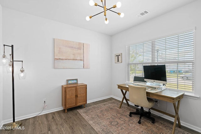 68 Keowee Ln, Beaufort, SC 29906 - office space with visible vents, baseboards, a chandelier, and wood finished floors