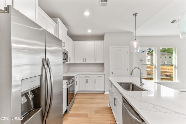 kitchen featuring sink, white cabinetry, decorative light fixtures, appliances with stainless steel finishes, and backsplash