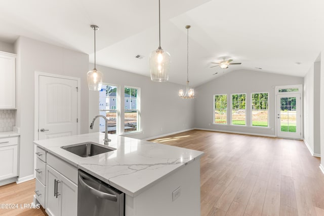 kitchen with sink, dishwasher, tasteful backsplash, white cabinets, and a center island with sink