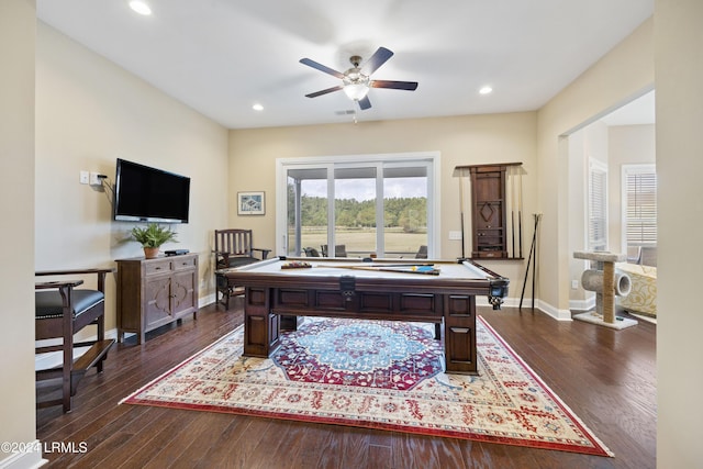 recreation room featuring dark wood-type flooring, ceiling fan, and billiards