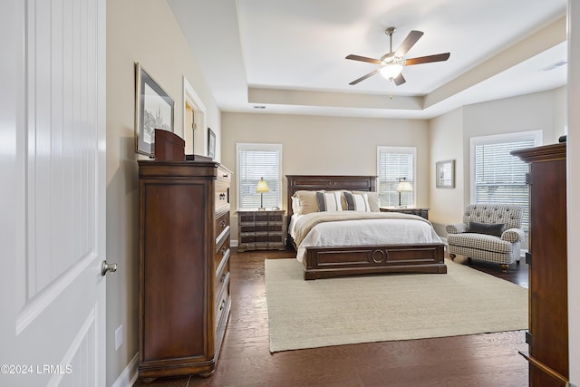 bedroom featuring ceiling fan, dark hardwood / wood-style flooring, a raised ceiling, and multiple windows