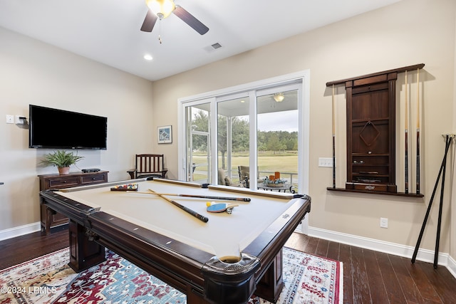 recreation room featuring dark wood-type flooring, billiards, and ceiling fan