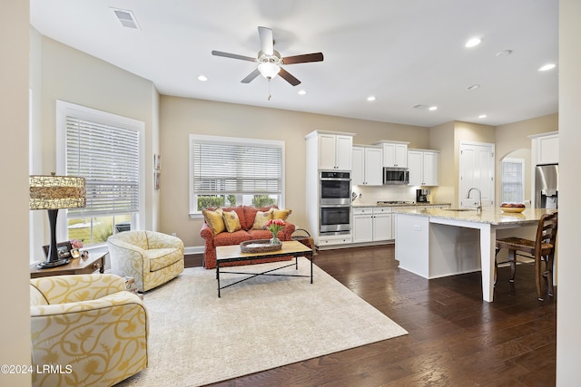 living room with ceiling fan, dark hardwood / wood-style floors, and sink