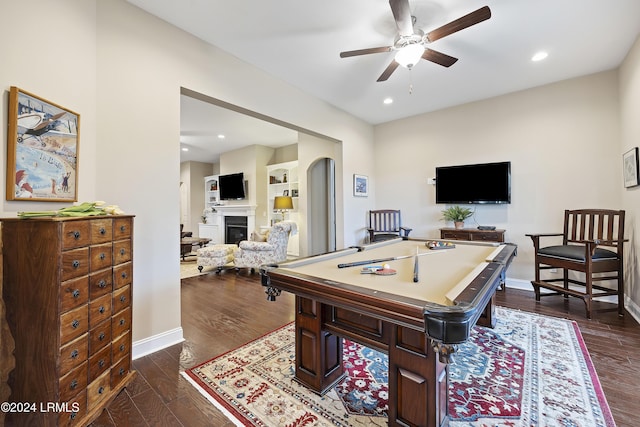 game room featuring ceiling fan, dark hardwood / wood-style flooring, and billiards