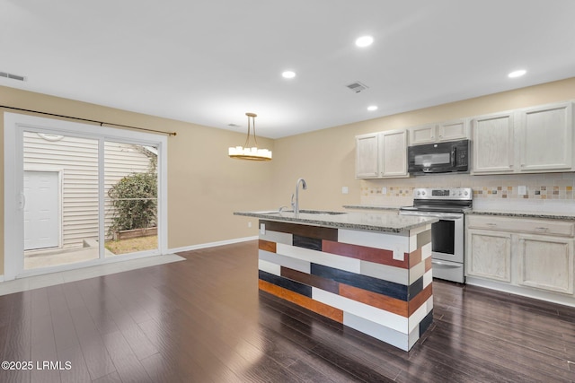 kitchen featuring white cabinetry, backsplash, hanging light fixtures, light stone countertops, and stainless steel electric stove