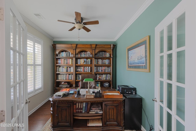 office area with crown molding, ceiling fan, hardwood / wood-style floors, and french doors