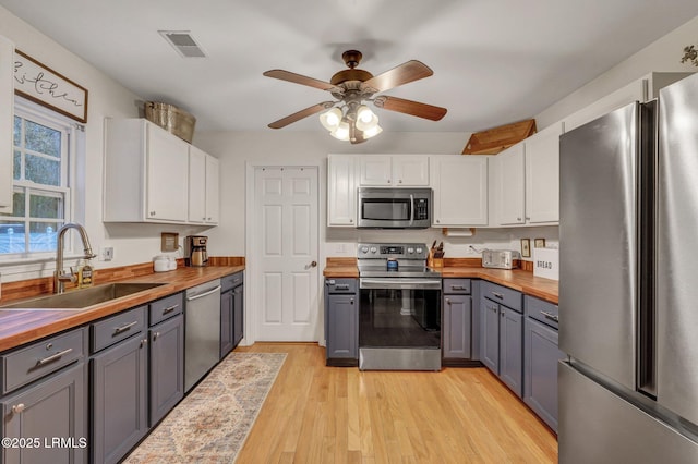 kitchen featuring a sink, appliances with stainless steel finishes, white cabinets, and butcher block counters