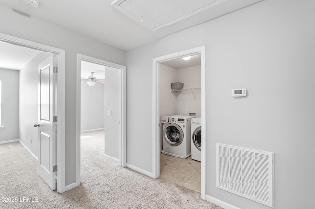 4944 Tidal Walk Ln, Beaufort, SC 29907 - washroom featuring attic access, washer and dryer, carpet flooring, and ceiling fan