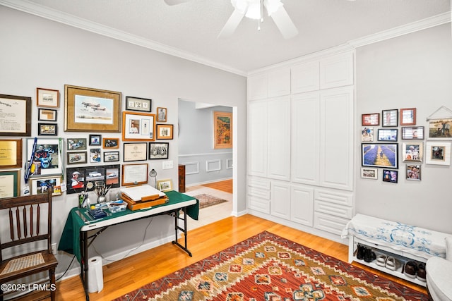 living area featuring crown molding, ceiling fan, and light hardwood / wood-style floors