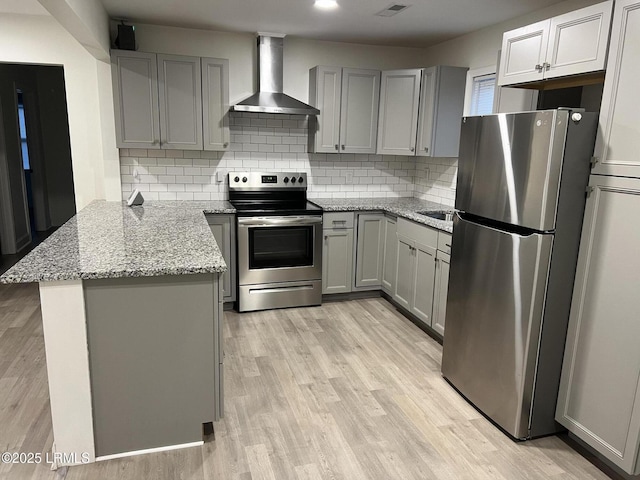 kitchen featuring stainless steel appliances, tasteful backsplash, light stone counters, kitchen peninsula, and wall chimney exhaust hood