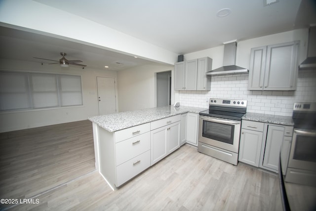 kitchen featuring wall chimney range hood, a peninsula, a ceiling fan, backsplash, and stainless steel electric stove