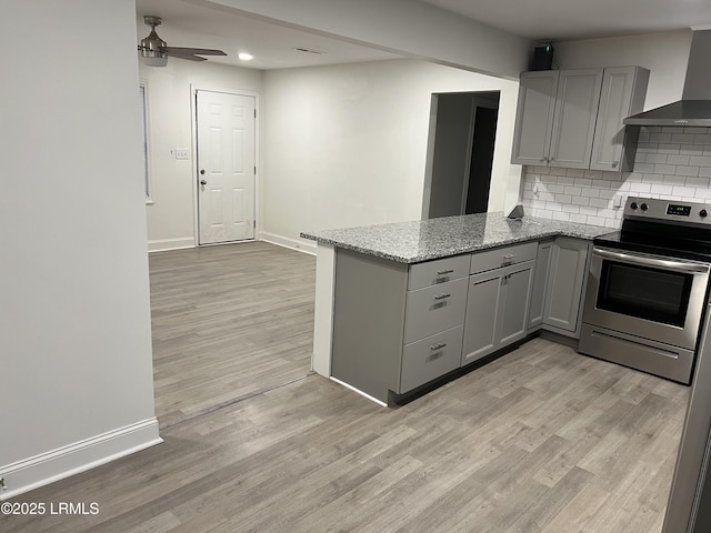 kitchen featuring stainless steel electric range, kitchen peninsula, stone counters, wall chimney range hood, and backsplash