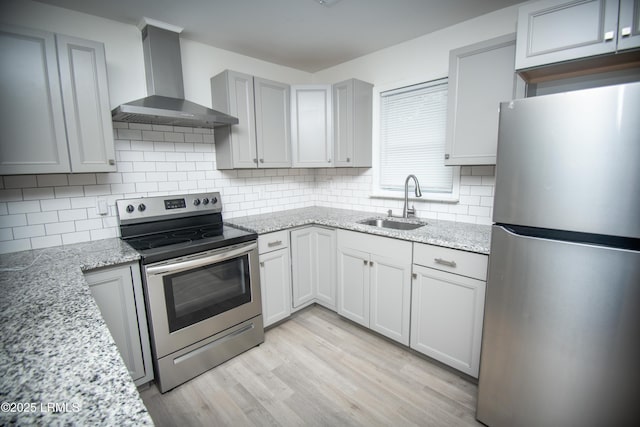 kitchen with wall chimney range hood, appliances with stainless steel finishes, a sink, and tasteful backsplash