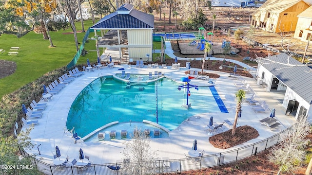 view of pool featuring a gazebo, a patio, and a lawn