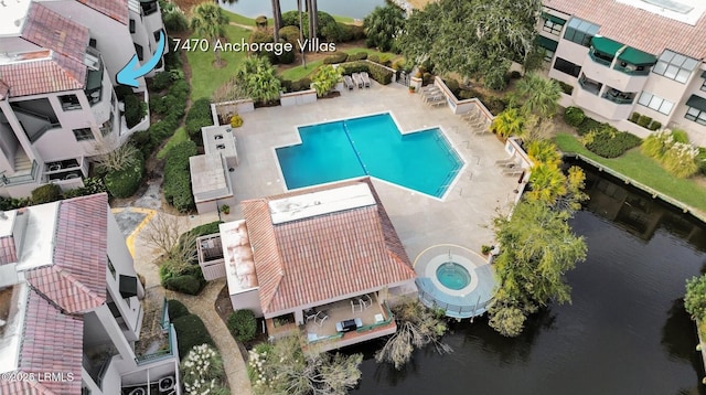 aerial view featuring a water view