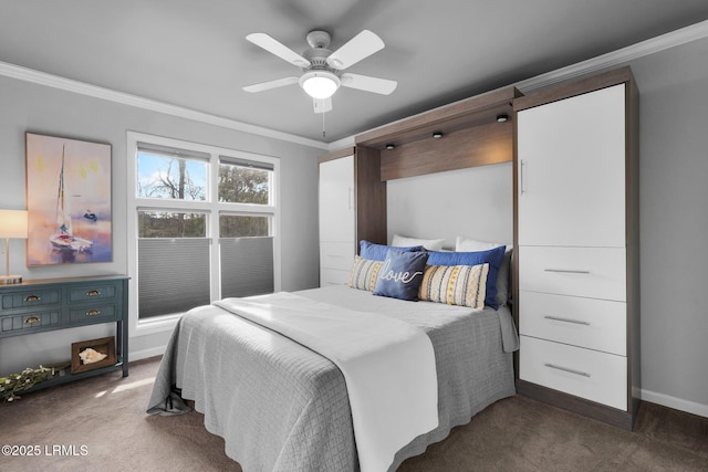 carpeted bedroom featuring ornamental molding and ceiling fan