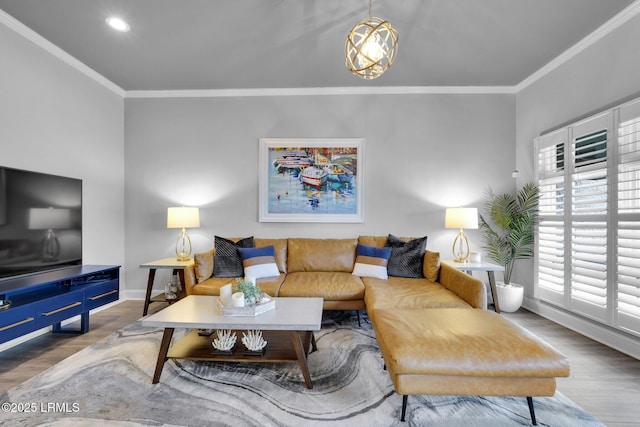 living room featuring crown molding and hardwood / wood-style floors