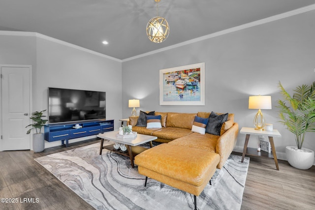 living room featuring crown molding and wood-type flooring