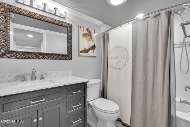 full bathroom with shower / bathtub combination with curtain, vanity, and toilet