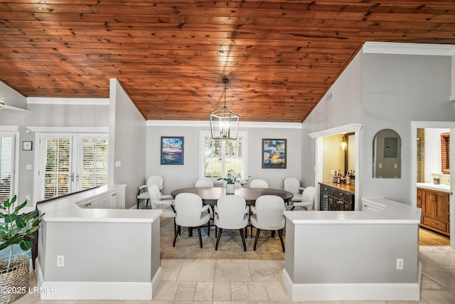 dining area with lofted ceiling, wood ceiling, electric panel, and crown molding