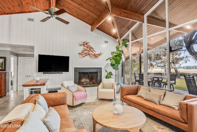 living room with beam ceiling, a fireplace, visible vents, wood ceiling, and high vaulted ceiling