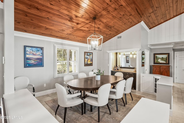 dining area featuring wooden ceiling, visible vents, vaulted ceiling, and ornamental molding