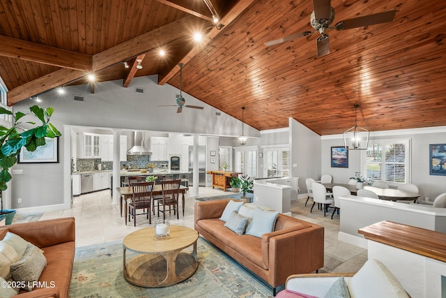 living area with high vaulted ceiling, wood ceiling, visible vents, baseboards, and beam ceiling