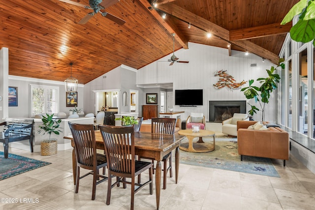 dining space with a fireplace, rail lighting, high vaulted ceiling, wooden ceiling, and beamed ceiling