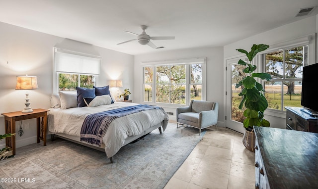 bedroom with a ceiling fan, visible vents, and multiple windows