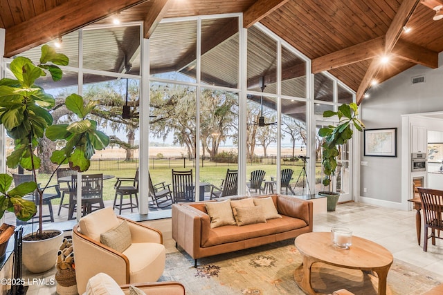 interior space featuring wooden ceiling, visible vents, and lofted ceiling with beams