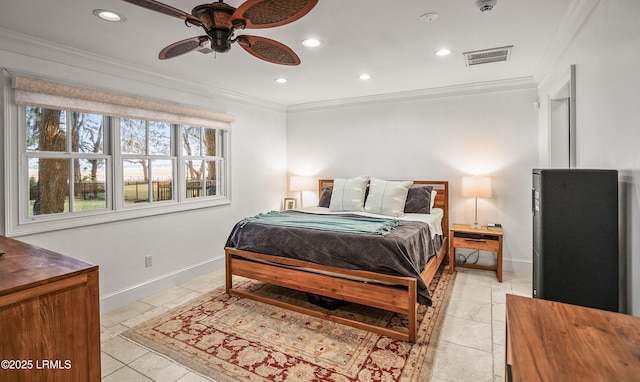 bedroom featuring baseboards, ornamental molding, visible vents, and recessed lighting