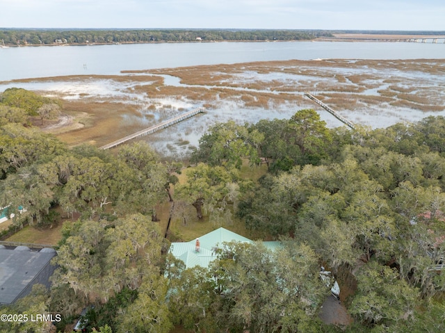 birds eye view of property featuring a water view