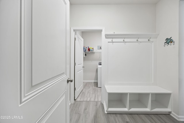 120 Sifted Grain Rd, Bluffton, SC 29909 - mudroom featuring light wood-type flooring, baseboards, and washer / clothes dryer