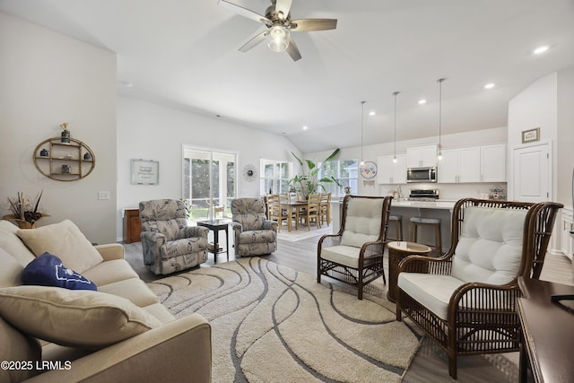 120 Sifted Grain Rd, Bluffton, SC 29909 - living room featuring wood finished floors, a ceiling fan, vaulted ceiling, and recessed lighting