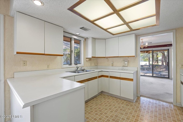 kitchen featuring light countertops, a healthy amount of sunlight, a sink, and a peninsula