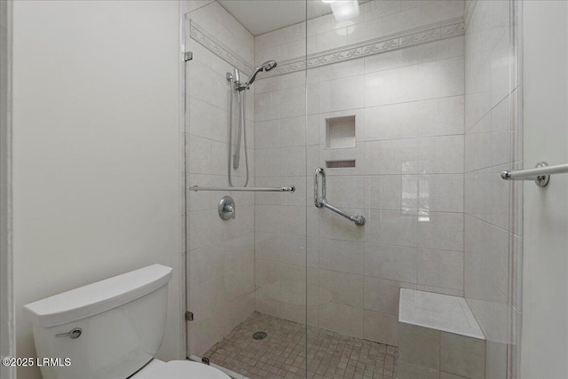 bathroom featuring toilet and a stall shower