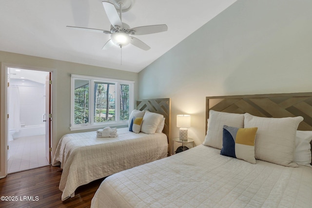 34 W Beach Lagoon Dr, Hilton Head Island, SC 29928 - bedroom featuring lofted ceiling, ensuite bath, hardwood / wood-style floors, and a ceiling fan