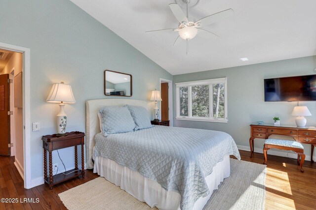 34 W Beach Lagoon Dr, Hilton Head Island, SC 29928 - bedroom with visible vents, lofted ceiling, a ceiling fan, wood finished floors, and baseboards