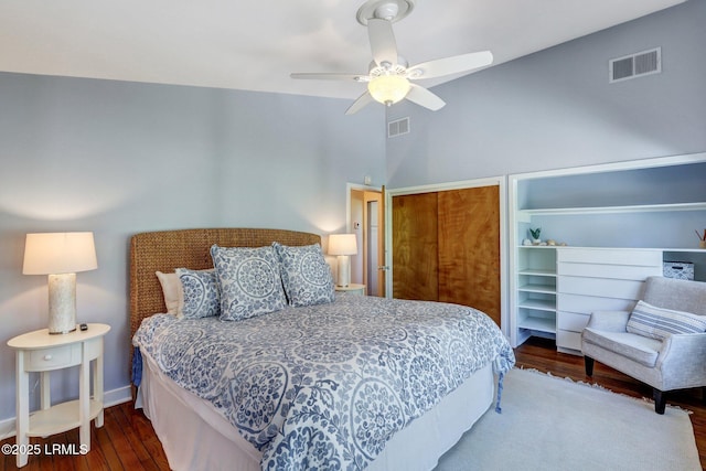 34 W Beach Lagoon Dr, Hilton Head Island, SC 29928 - bedroom with visible vents, baseboards, ceiling fan, and wood finished floors