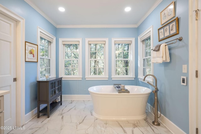 bathroom with crown molding, a healthy amount of sunlight, a tub to relax in, and vanity