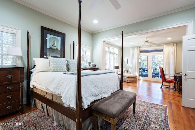 bedroom with ceiling fan, light hardwood / wood-style floors, ornamental molding, access to outside, and french doors