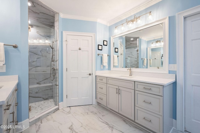 bathroom featuring an enclosed shower, vanity, and ornamental molding