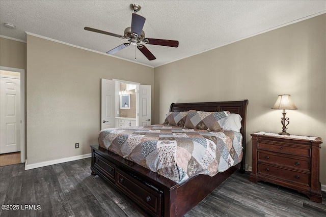 101 Redtail Dr, Bluffton, SC 29909 - bedroom featuring dark wood-style floors, crown molding, a textured ceiling, ensuite bathroom, and a ceiling fan