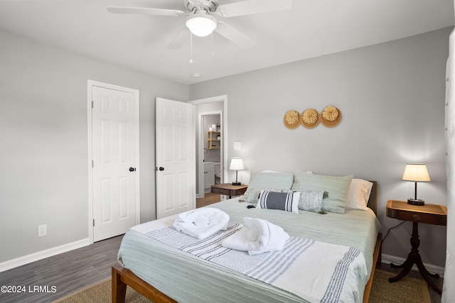 bedroom featuring dark hardwood / wood-style floors and ceiling fan