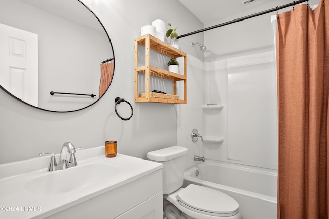 full bathroom featuring shower / bath combination with curtain, vanity, and toilet