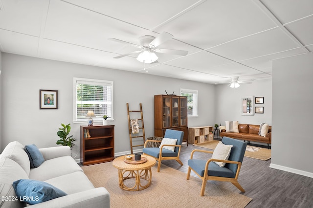 living room with hardwood / wood-style flooring and ceiling fan